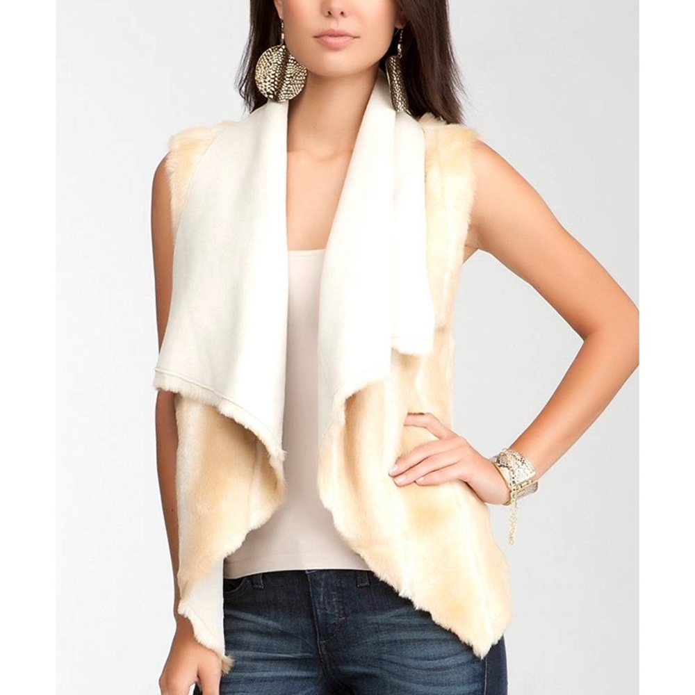 Bebe Reversible Faux Fur Vest in Beige - Picture 3 of 7